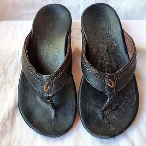 OluKai HIAPO Premium Leather Flip Flop Sandals Black Men’s Size 9 [10101-40]